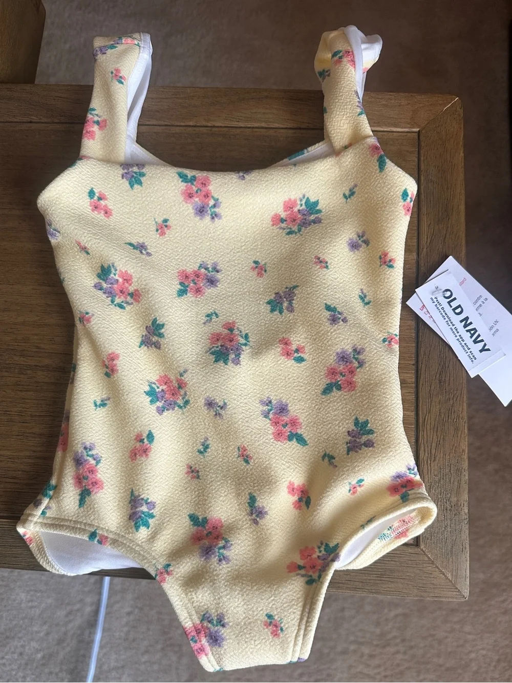 Old Navy Kids Yellow One-Piece Swimsuit with Pink & Purple Floral Print